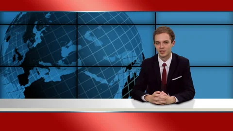 Anchorman in broadcasting studio talking last news Stock Footage 134262298