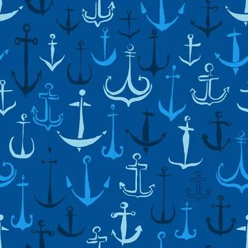 Anchors seamless pattern hand painted with ink brush Stock Illustration