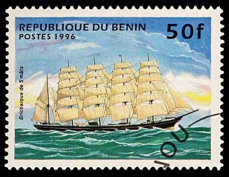 Ancient 5-masted sailing ship (bark) on postage stamp Foto stock