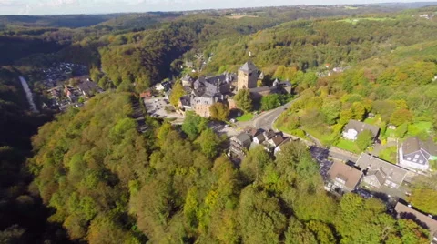 Ancient 600 year old castle in Germany Europe, aerial, village, click for HD Stock Footage 43860086
