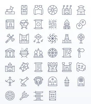 Ancient 64x64 Vector Icon Pack with 40 Thin Line Grid Fitted Elements Stock Illustration