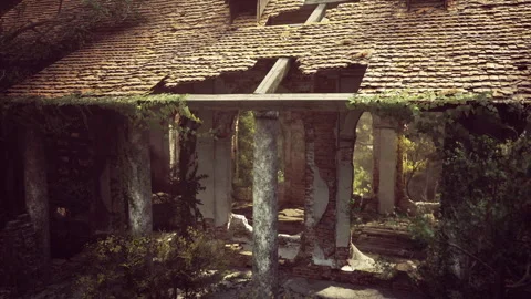 Ancient abandoned courtyard. Vegetation overtaking old stone structure Stock Footage 335102132
