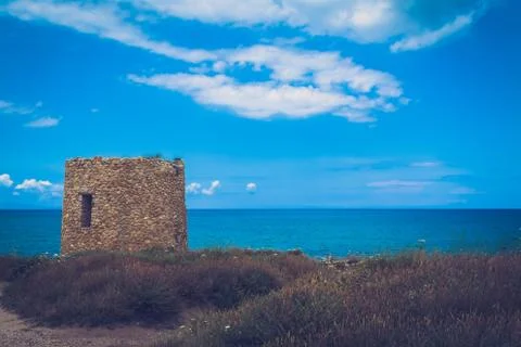 Ancient Abbacurrente tower in spring Foto stock
