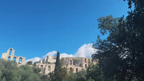 Ancient Acropolis, Odeon of Herodes Atticus theater and Temple of Athena Nike Stock Footage 296071516