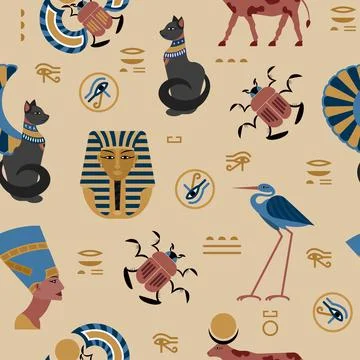 Ancient Africa pattern. Egyptian print. Mythology animals. Tutankhamun and Ne Illustrazione stock