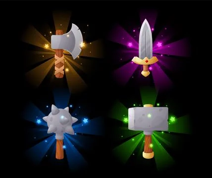 Ancient age weapon game tools set, glowing axe, knife, club, vector cartoon Stock Illustration