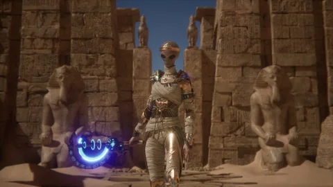 Ancient Alien Mummy Queen Stands Tall with Enchanted Staff in Pharaonic Temple Stock Footage 291257972