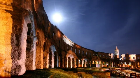 Ancient amphiteatre under the Moon Stock Footage