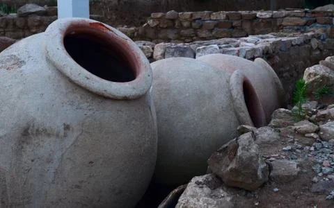 The ancient amphorae, which archaeologists have found. Stock Photos