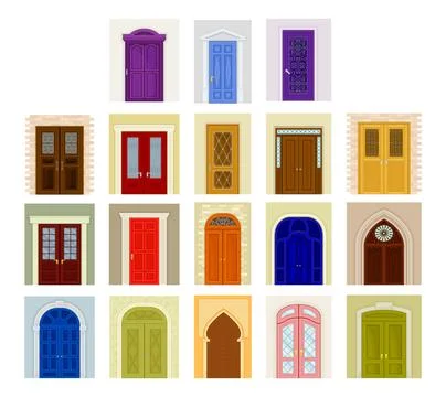 Ancient and Modern Doors as Hinged Movable Barrier Big Vector Set Stock Illustration