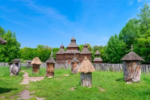 Ancient apiary in wooden bee hive Stock Photos