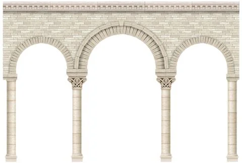 Ancient arcade of stone columns castle wall Stock Illustration