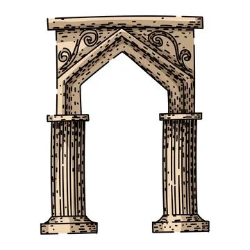 Ancient arch architecture with decorative columns and scrolls Stock Illustration