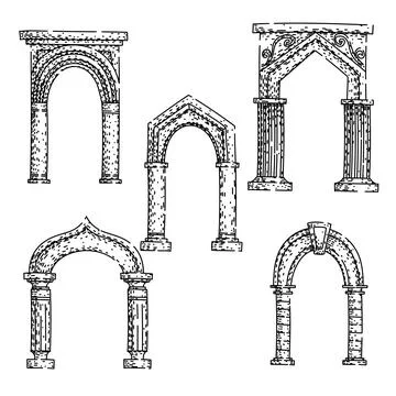 Ancient architectural arches collection representing entrance and history Ilustración de archivo