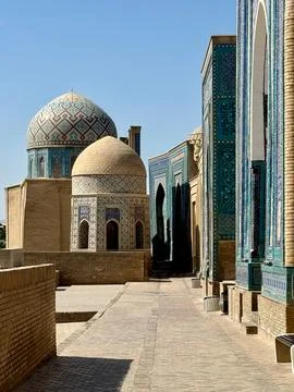 Ancient Architectural Complex with Domes and Mosaic Facades Stock Photos