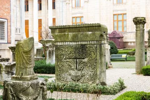 Ancient architectural elements and sculptures near Istanbul Archeological Museum Stock Photos
