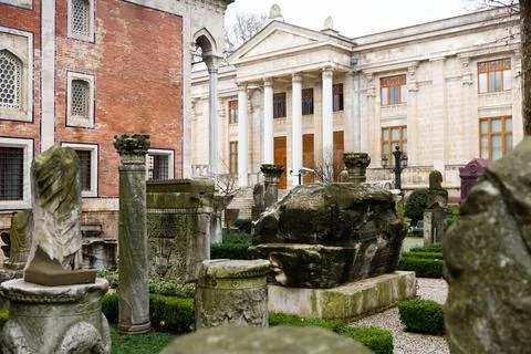 Ancient architectural elements and sculptures near Istanbul Archeological Museum Stock Photos