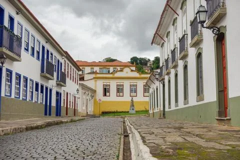 Ancient architecture and facades of colonial city of Sao Joao del Rei, Mina.. Stock Photos
