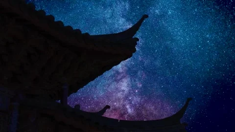 Ancient Architecture Beneath a Starry Night Sky with Milky Way Time Lapse Stock Footage 341867579