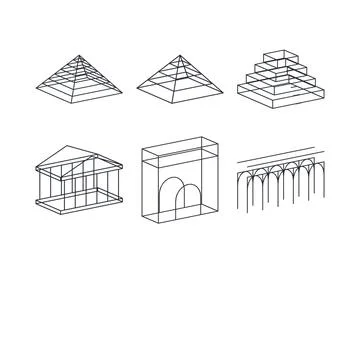Ancient architecture collection wireframe blueprint angled view architecture 3d Stock Illustration