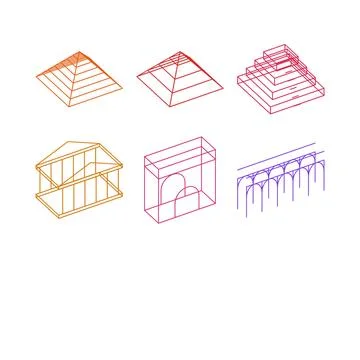 Ancient architecture collection wireframe warm aerial view architecture 3d icon 스톡 일러스트