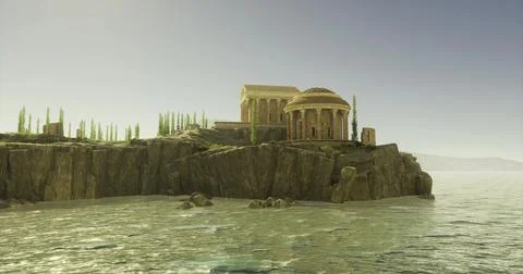 Ancient architecture overlooking serene waters at sunset near coastline Stock Illustration
