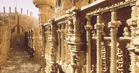 Ancient architecture showcasing intricate stone carvings in a desert location Stock Illustration