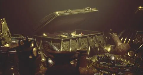 Ancient artifacts and gold in a dimly lit treasure chest Illustration
