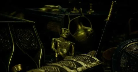 Ancient artifacts and treasures found in a dark archaeological site Stock Illustration