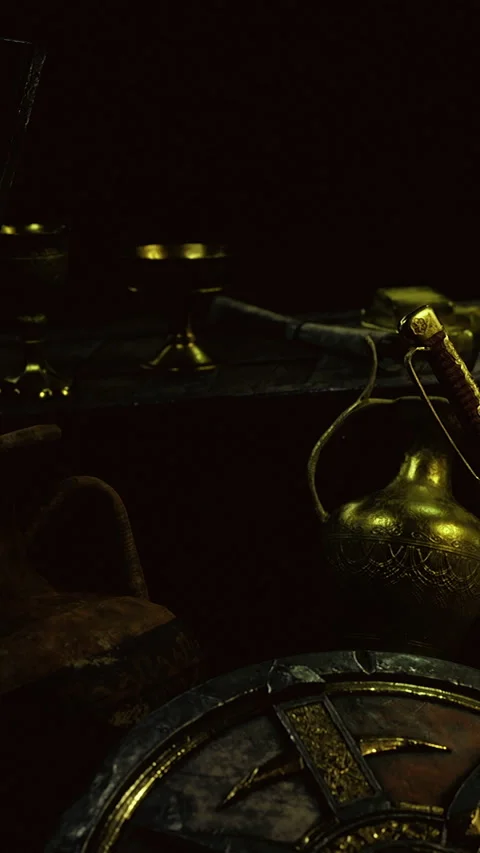 Ancient artifacts and utensils displayed in low light setting at museum Stock Footage 334183363