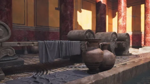 Ancient artifacts displayed in a historic hall with intricate design elements Stock Footage 294995678