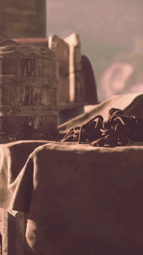 Ancient artifacts displayed on a table in a historical setting 動画素材 337970545