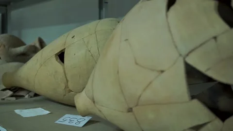 Ancient artifacts restored ceramic amphorae at the Archaeological Depot. Vídeos de archivo 159759442