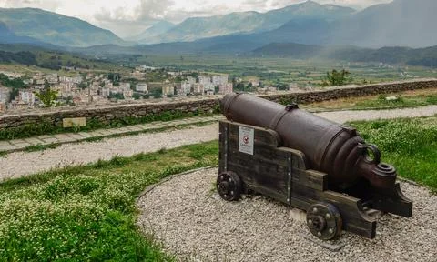 Ancient artillery on display in upper area of Gjirokaster castle in Albania Stock Photos
