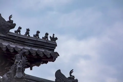 Ancient Asian Architecture Eaves Against Cloudy Sky Stock Footage 346108010