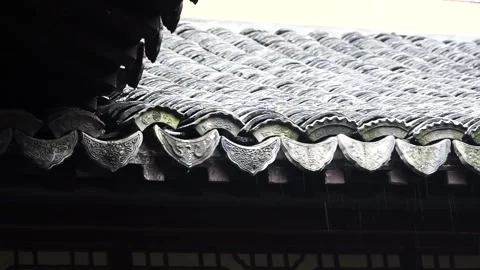 Ancient Asian Architecture Eaves in Rainy Weather Stock Footage 346113434
