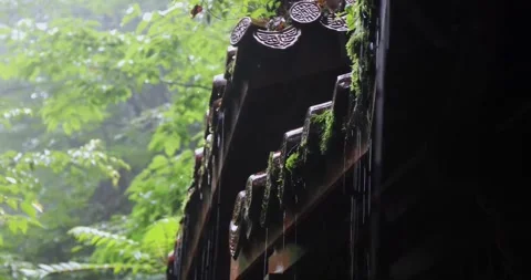 Ancient Asian Architecture in Heavy Rainstorm Stock Footage 346108917