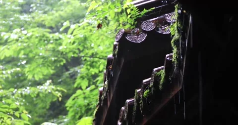 Ancient Asian Architecture in Heavy Rainstorm Stock Footage 346108923