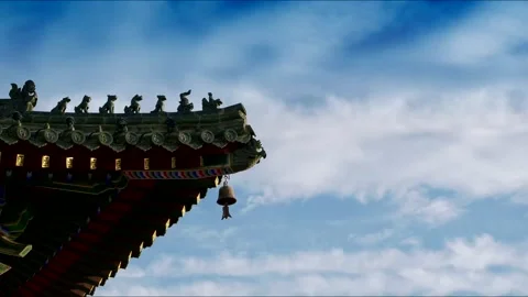 Ancient Asian Eaves Wind Bell Moving Clouds Stock Footage 346109739
