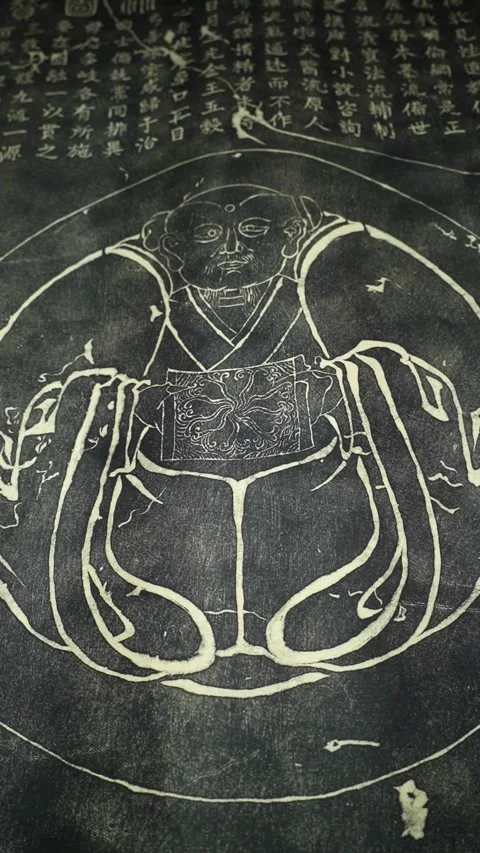 Ancient Asian Manuscript featuring an Illustration of a Monk Stock Footage 290841646