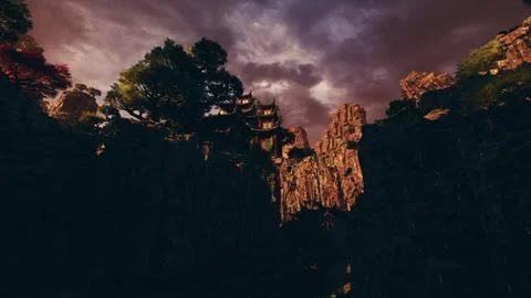 Ancient Asian temple nestled in dramatic mountain landscape at dusk Illustrazione stock