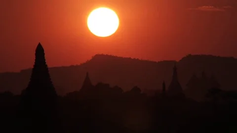 Ancient Bagan Temples at sunset, Myanmar Stock Footage 74100114