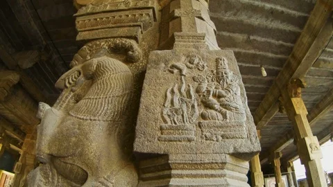 Ancient bas-relief on wall of medieval hindu temple Ekambareswarar Linga of Eart Stock Footage 111368708