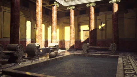 Ancient bath sunlit scene. Sundrenched ancient Roman bathing chamber scene Stock Footage 340663651