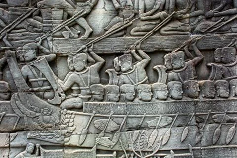 Ancient Bayon temple complex in the center of Angkor Thom in Cambodia. Stock Photos
