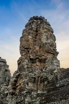 Ancient Bayon temple complex in the center of Angkor Thom in Cambodia. Stock Photos