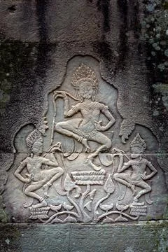 Ancient Bayon temple complex in the center of Angkor Thom in Cambodia. Stock Photos