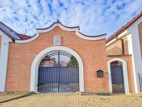 Ancient beautiful large brick gate in the Zadni Treban. Czech Republic Stock Photos