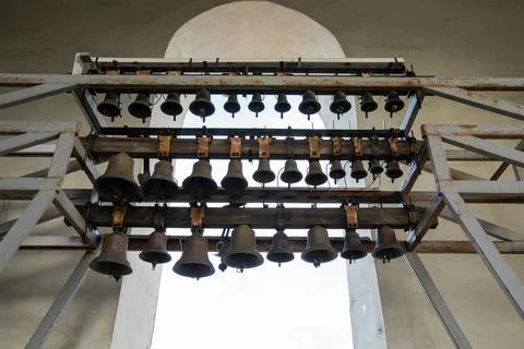 Ancient bells inside the bell tower of Saint Sophia Cathedral in Kyiv, Ukraine Stock Photos