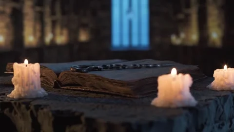 Ancient book with magic wand and candles on a stone table in dim light. Stock Footage 310336762